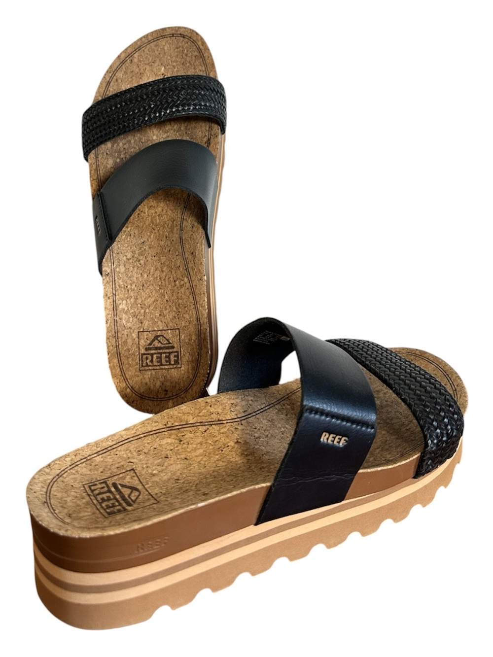 Reef Black Vista Hi Cork Platform Slide Sandals 9.5